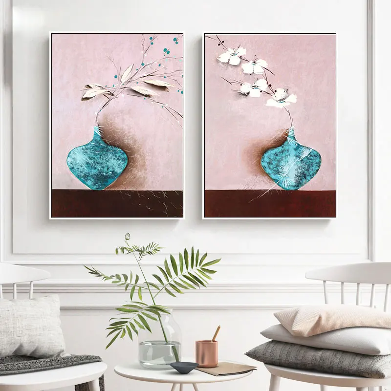 Большая 40/50 см винтажная Бирюзовая ваза с цветочным принтом Картина на холсте для