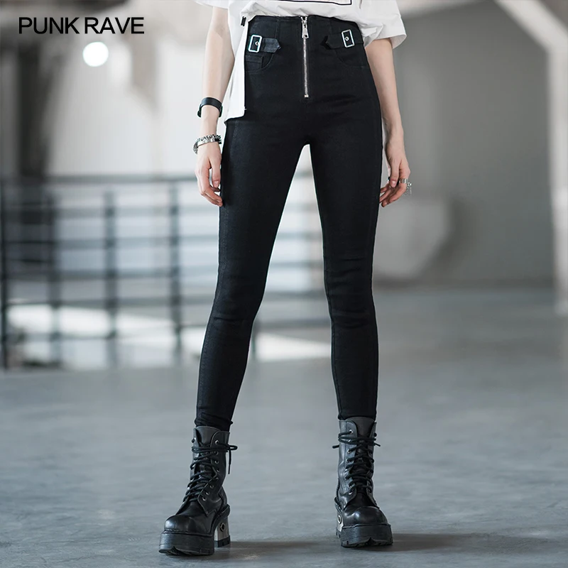 

PUNK RAVE Women's Punk High Waist Denim Trousers Streetwear Cool Daily Skinny Feet Small Jeans Casual Black Pencil Pants