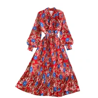 women dress vintage floral printed dresses spring autumn long sleeve ruffles retro woman vintage dress bow decorate vestidos