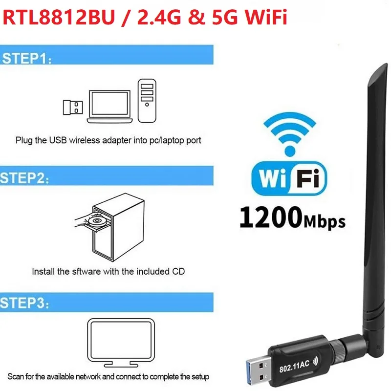 

Двухдиапазонный Адаптер 2,4G/5G Wi-Fi USB 3,0, беспроводной сетевой адаптер переменного тока 1200 Мбит/с, RTL8812BU, антенный приемник с высоким коэффициен...