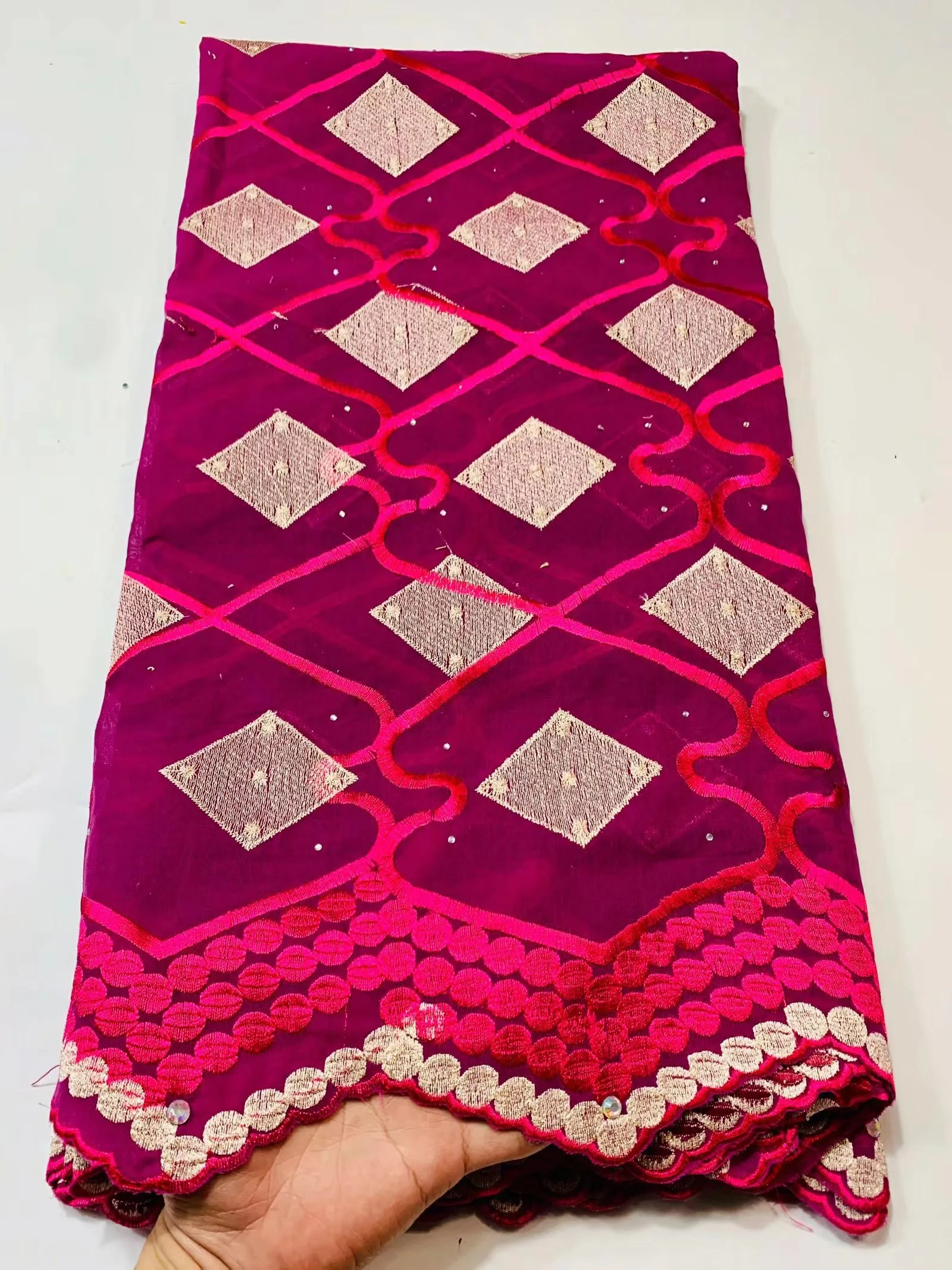 

African Swiss Voile Lace Fabric 5 Yards Stones Embroidery Nigerian Party Sewing Material 100% Cotton Lace