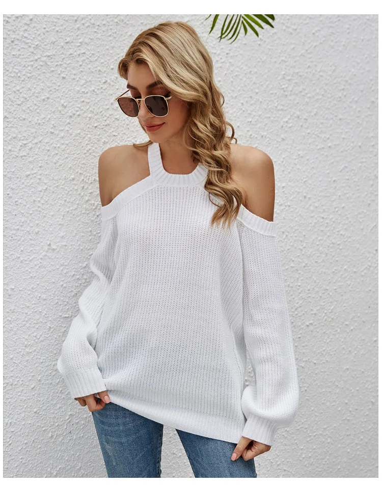 

Donsignet Women's Sweater New Fashion Spring Round Neck Pullover Solid Color Sexy Strapless Knit Long Sleeve Womens Sweaters