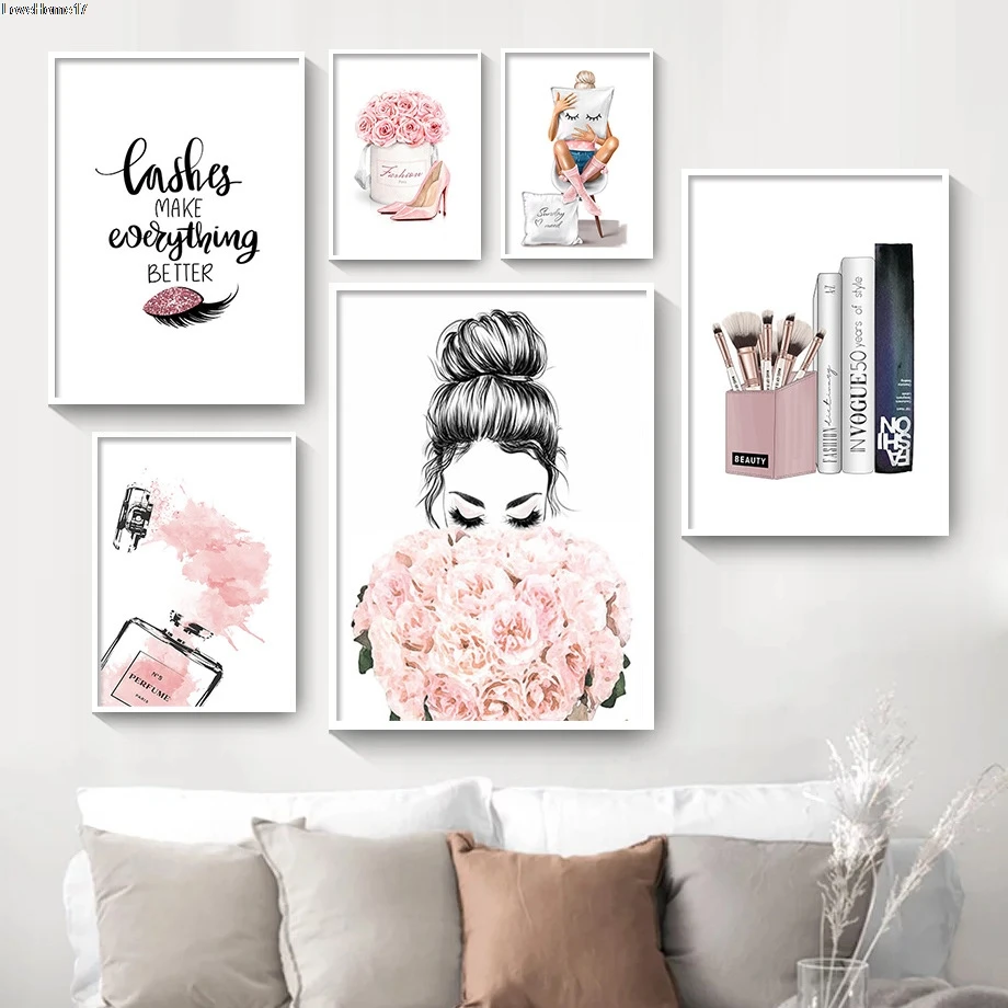 Lienzo de decoraci&oacute;n de estilo n&oacute;rdico para pared, pintura al &oacute;leo sin marco, P&oacute;ster Art&iacute;stico para dormitorio, minimalista y moderno, color rosa encantador-0