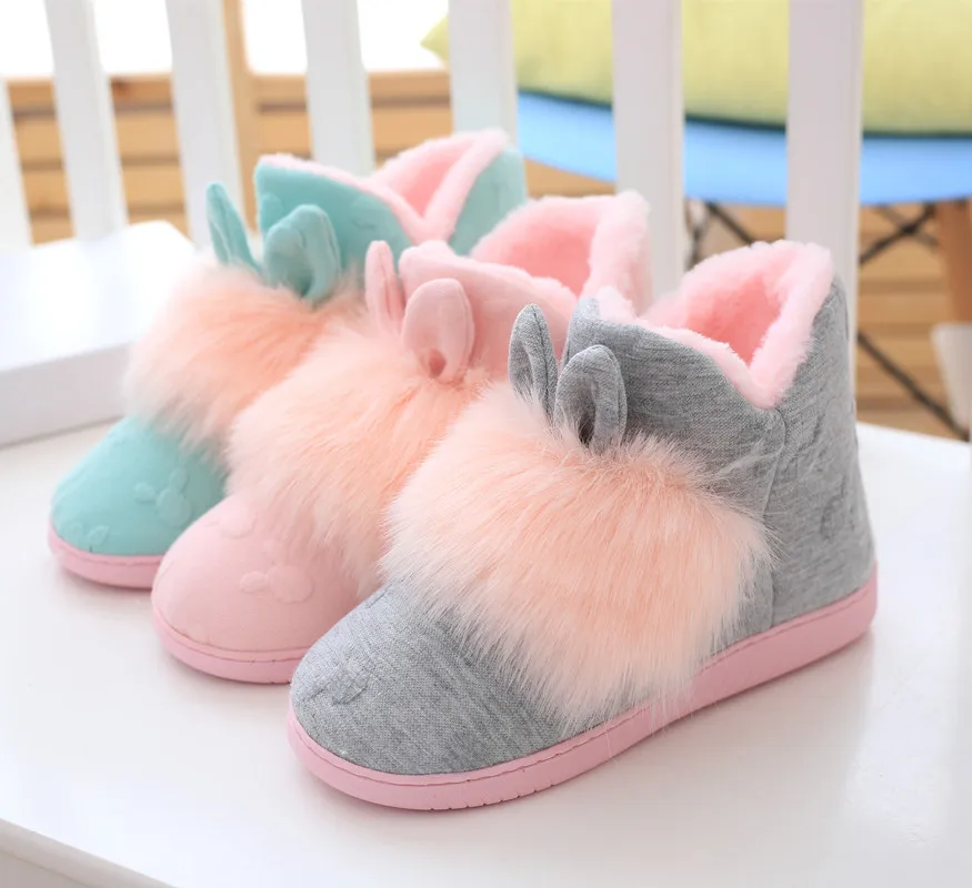 Модные женские теплые меховые ботильоны с милыми кроличьими ушками Плюшевые
