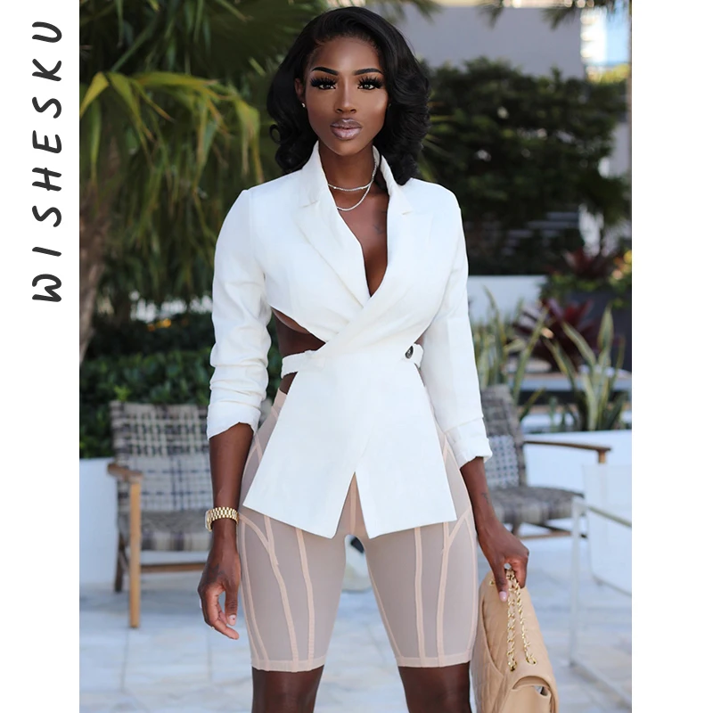 

Hollow Out Blazer Jacket For Women Notched Collar Long Sleeve Cross Backless Designer Coats Female 2021 Autumn Y2K Clothes