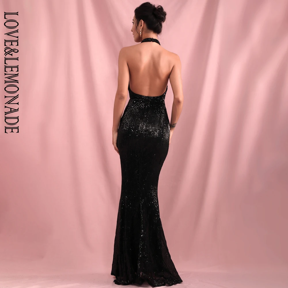 

LOVE&LEMONADE Sexy Black Halter Open Back Bodycon Elastic Sequins Whit Split Party Maxi Dress LM80492-1