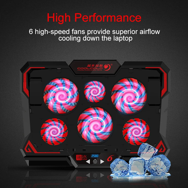 coolcold gaming laptop cooler notebook cooling pad 6 silent redblue led fans powerful air flow portable adjustable laptop stand free global shipping
