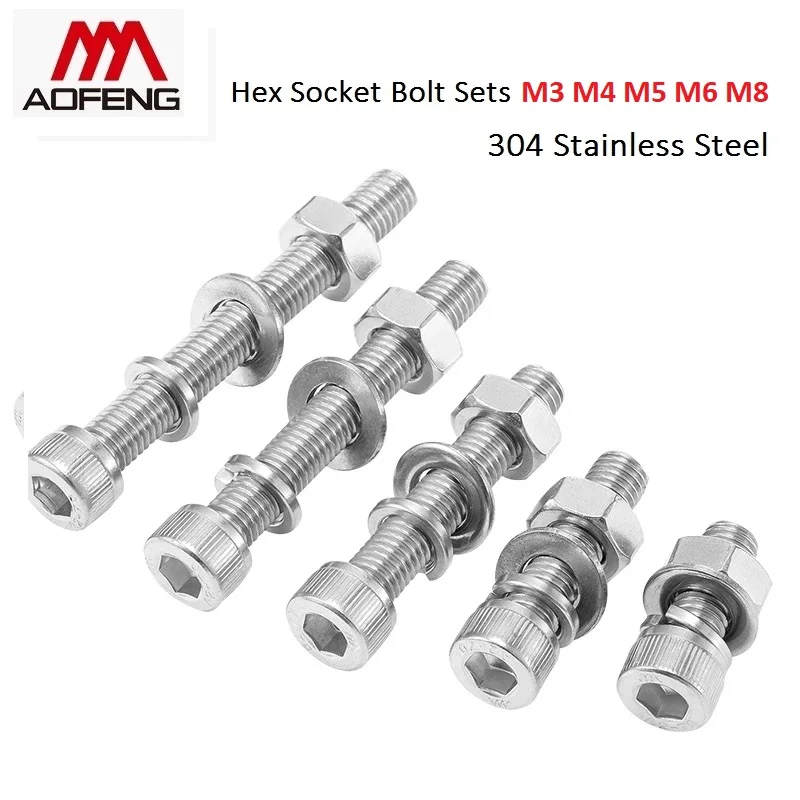 

304 Stainless Steel Hexagon Socket Head Cap Screws M3 M4 M5 M6 M8 Bolts with Nuts and Washers Sets