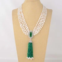 womens 20 5 strands white baroque pearl green stone necklace cz pendant