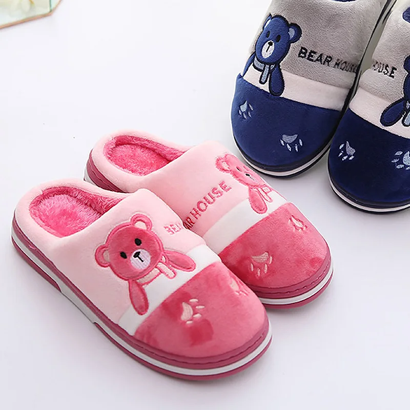 Зимние теплые меховые тапочки для мужчин пар мультяшный медведь мальчиков и