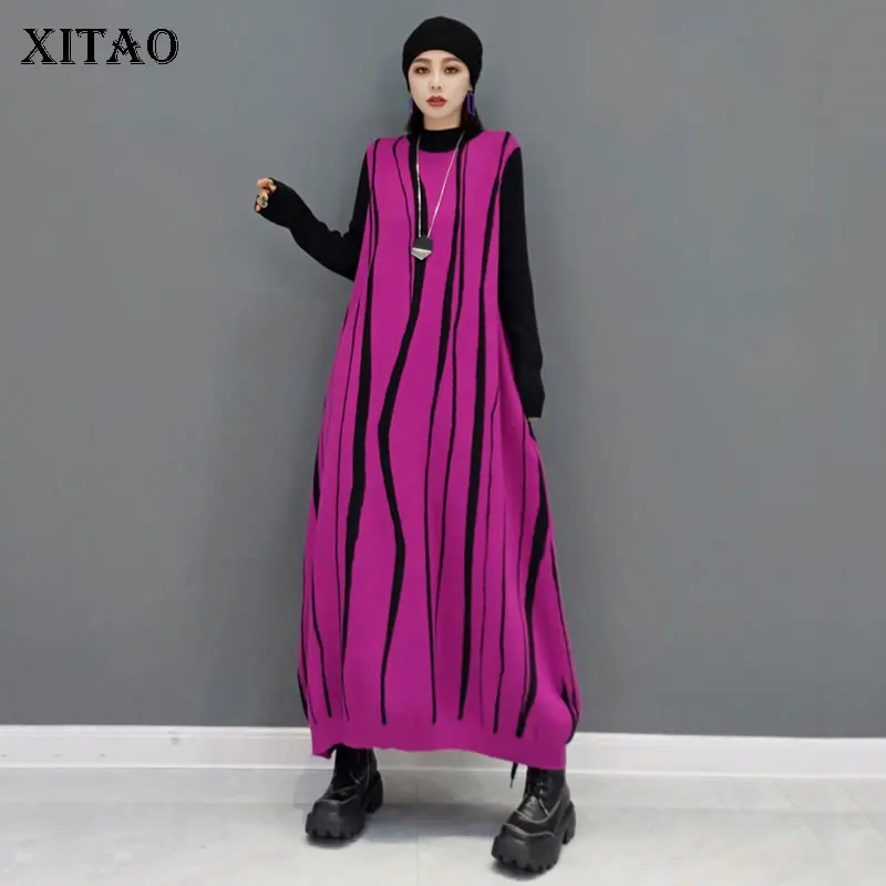 

XITAO Striped Dress Fashion New Women Pullover Knitted Pleated Loose Goddess Fan Casual Style Minority 2021 Autumn Dress GWJ0467