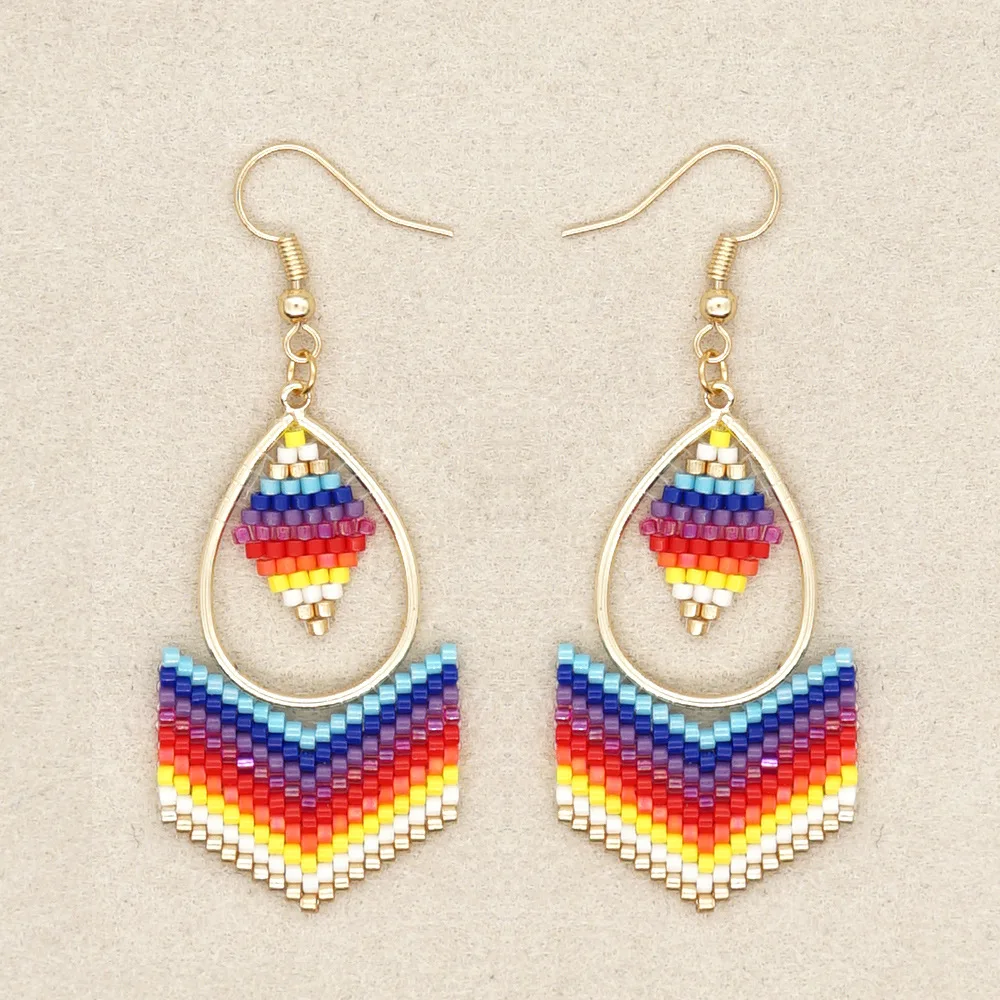

Bohemian Ethnic Style Big Hoop Earrings Miyuki Rice Beads Woven Geometric Ear Jewelry Women's Jewelry Earrings with Motifs