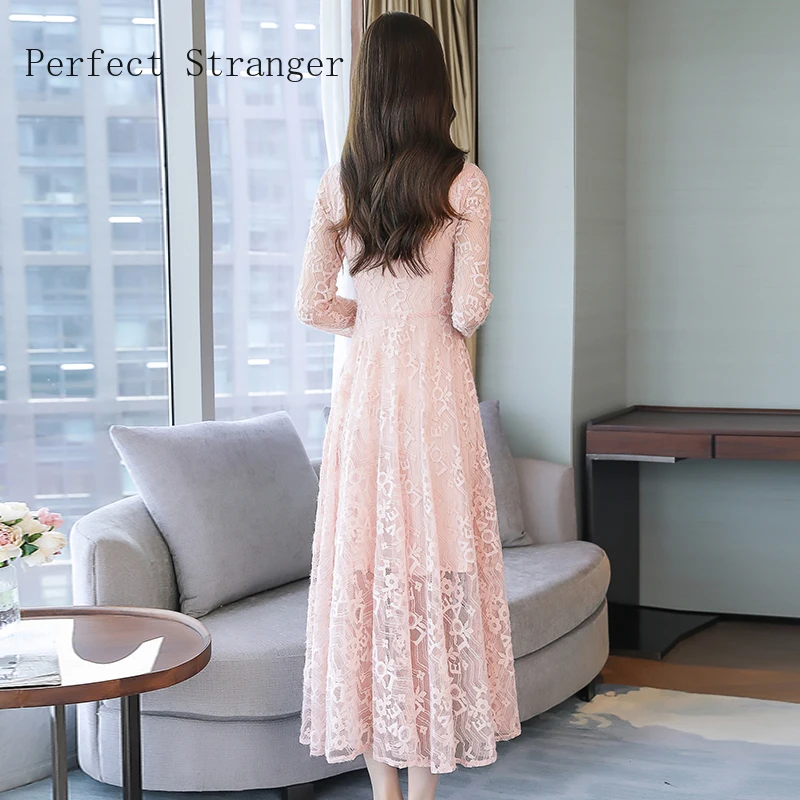 

2021 Spring New Arrival High Quality Elegant Stand Collar Long Sleeve Printed Women Lace Long Dress