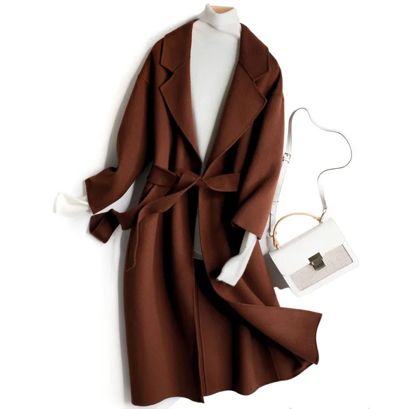 

wool 2020 New double coat faced spring women's cashmere coat 100% wool free belt classic autumn winter show thin brown coat