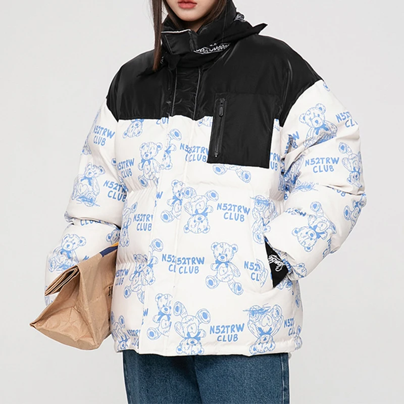 

Женская зимняя утепленная куртка Паркер в стиле пэчворк с мультяшным принтом медведя, повседневная куртка в японском стиле Харадзюку, тепл...