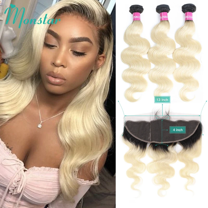 Монозвезда 1B 613 темные корни Омбре блонд 3/4 перуанские волнистые пучки с