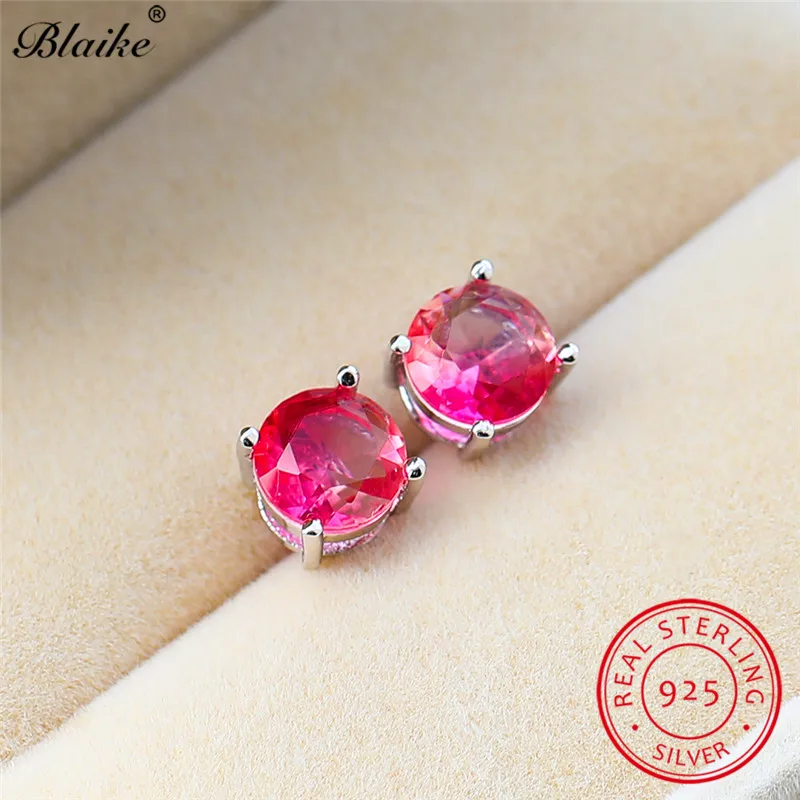 Pink Yellow Blaike Мистик Радуга Топаз Циркон круглый камень серьги гвоздики для женщин натуральная 925 пробы серебряные серьги свадебные серьги - Цвет камня: Pink Yellow
