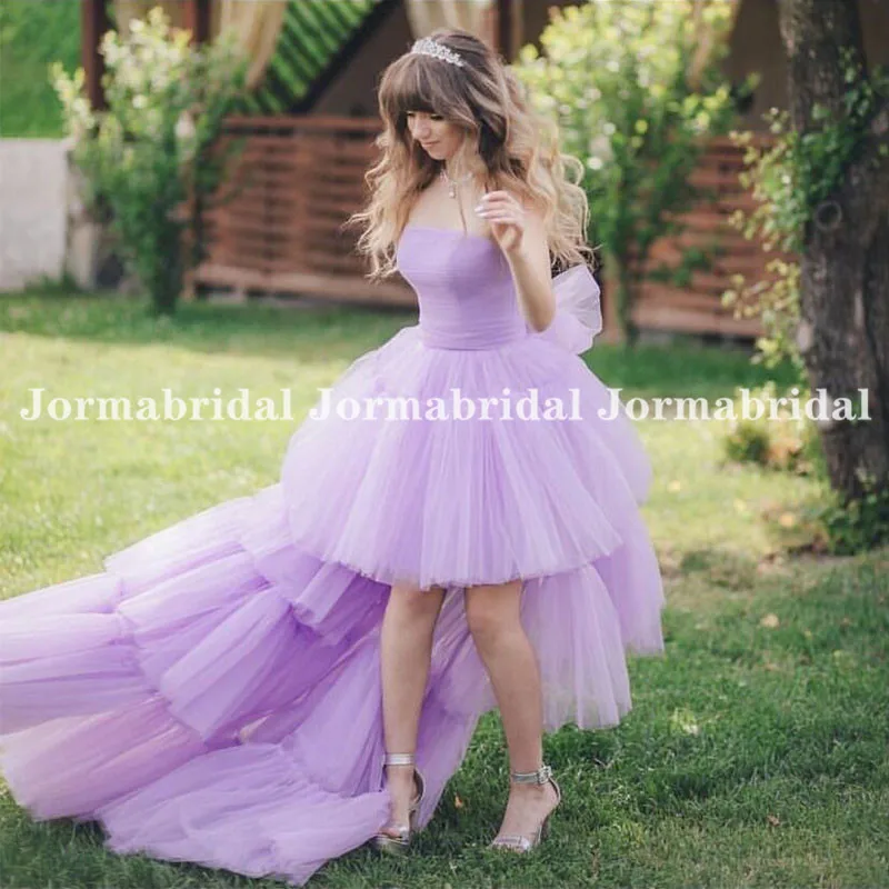 

Strapless High Low Violet Prom Dresses With Tiered Tulle Skirt 2021 New Tutu Prom Gowns Garden Women Party Celebrity Dress