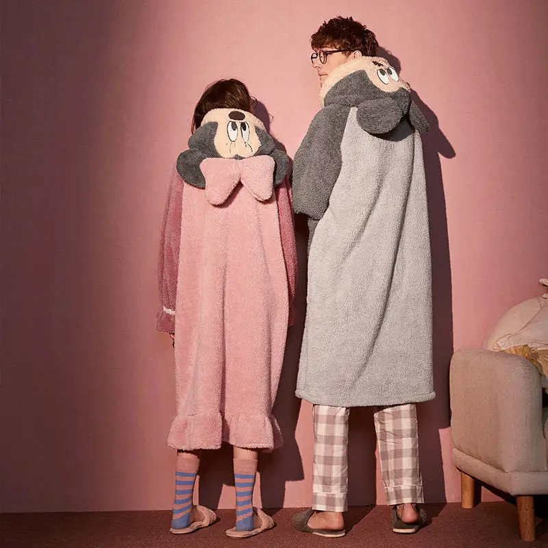 Couple Pajamas Long Plush Coral Velvet Cute Nightgown Autumn and Winter Men's Pajamas Suit Home Service Hooded Nightgown Fashion