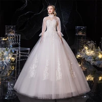 high neck elegant embroidery wedding dress white tulle half sleeves floor length lace up plus size wedding gowns for women g155