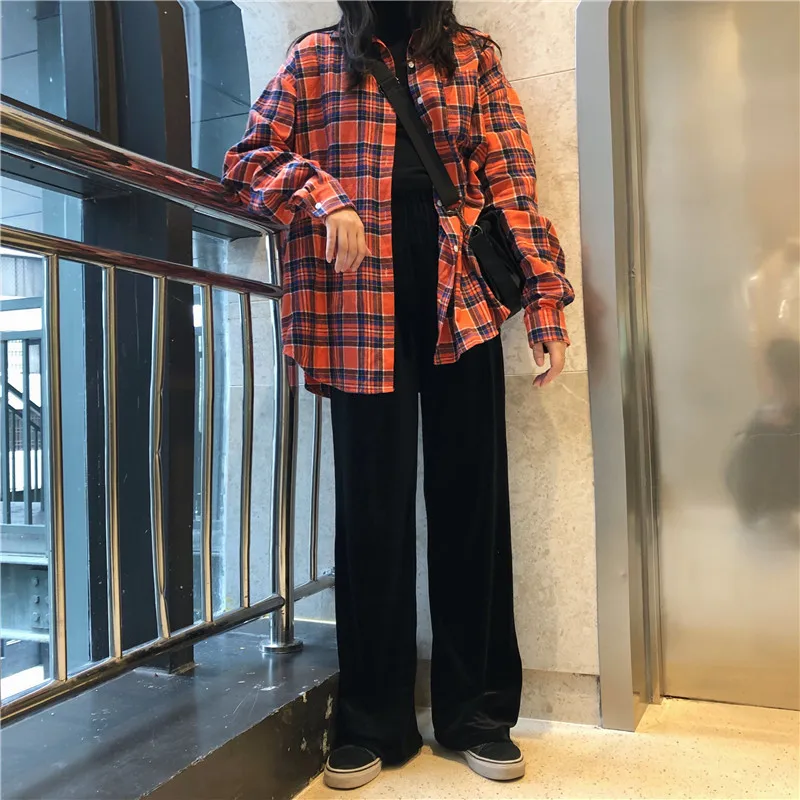 

HStar 2020 Spring Womens Plaid Blouses Streetwear Long Sleeve Blusas Mujer Turn down collar Korean Female Shirts