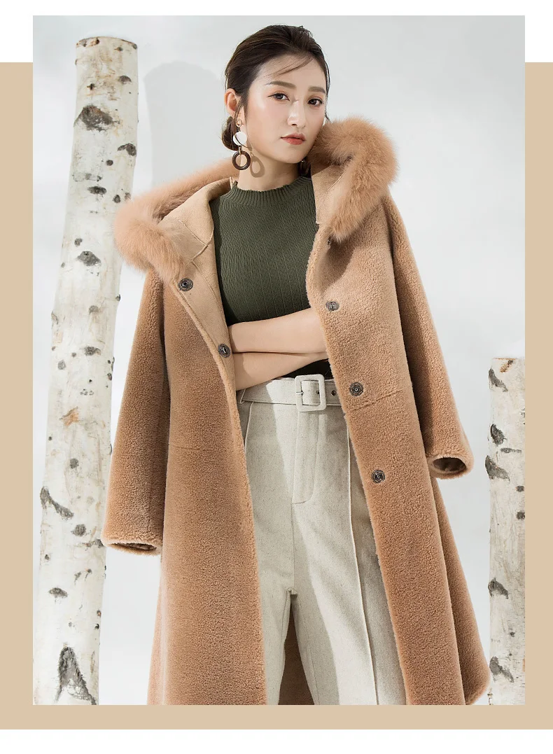 Женское зимнее пальто из овчины с натуральным мехом шерстяное воротником