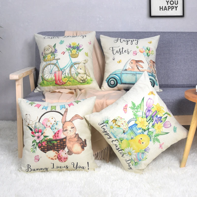 2022 spring easter home decor cushion cover square linen pillow cover 18x18 inch cartoon bunny easter eggs printed pillowcase free global shipping