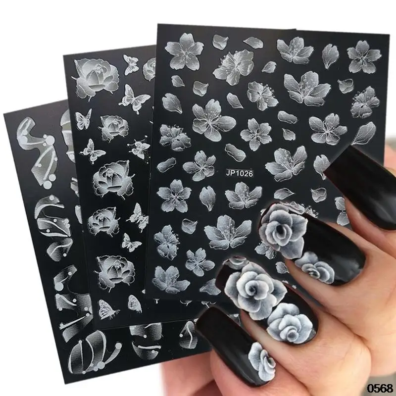 

5D наклейки для ногтей с тиснением, белая бабочка, луна, лист, цветок, наклейки для ногтей, декоративные Переводные картинки