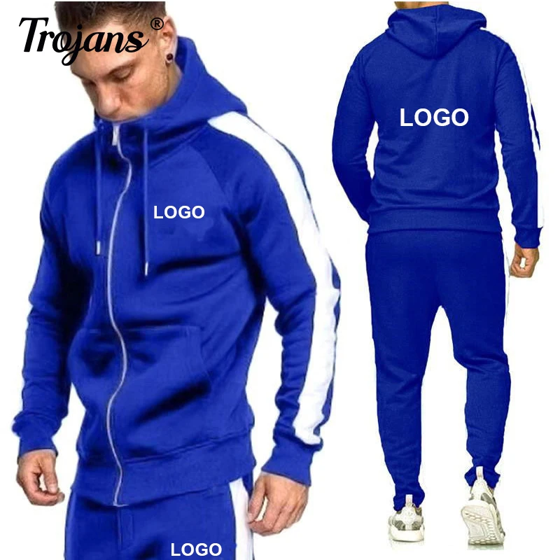 Custom Logo Tracksuit Men Two Piece Sets Zip Hoodies+Pants Running Jogging Sportswear Hooded SweatSuit Winter Gym Clothing Male