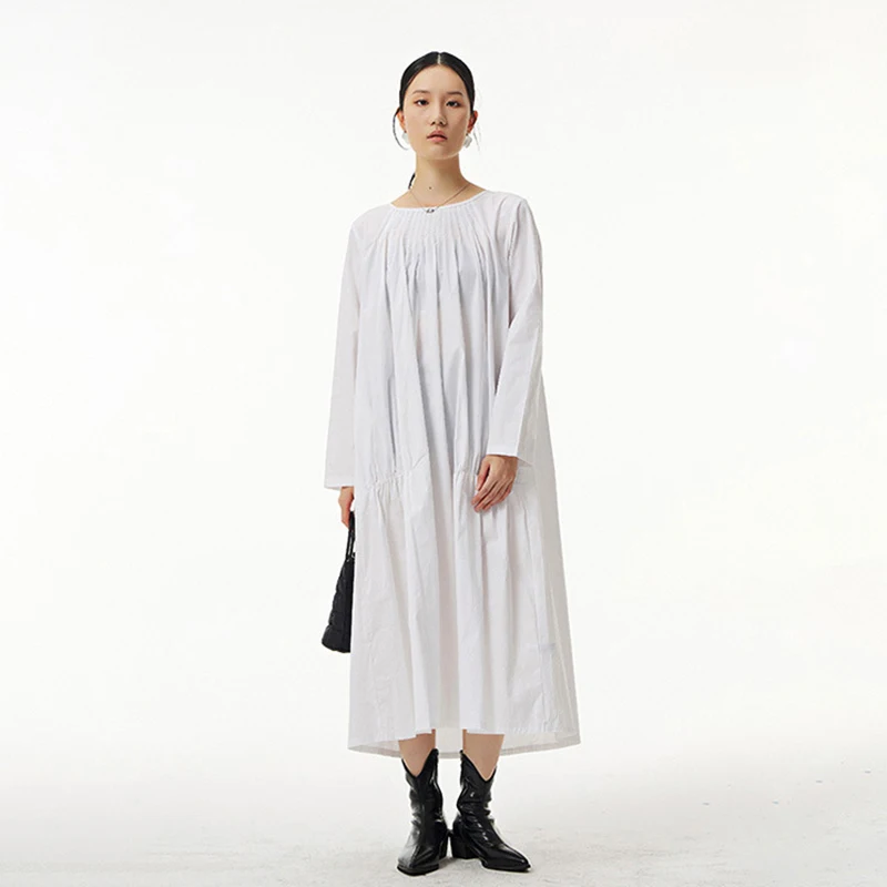 SHENGPALAE Fashion Simple Solid Color Dress Women Spring 2022 New Round Neck Loose Big Swing Long Sleeve Mid-calf Dresses Female | Женская