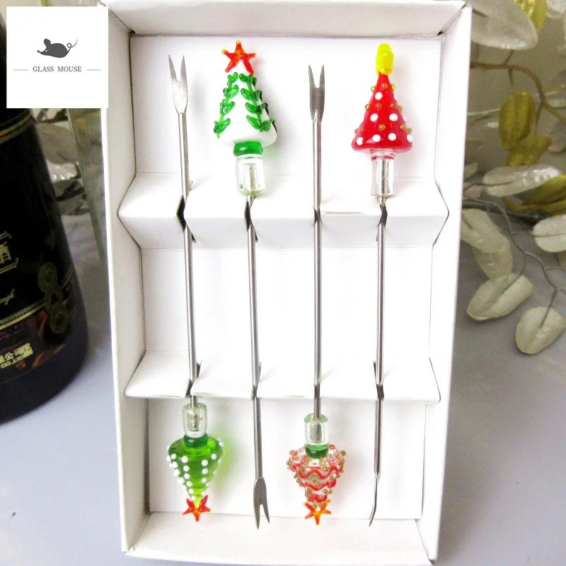 Custom cute handmade murano glass christmas tree fruit fork set miniature tableware stainless steel Cocktail Cake dessert sticks | Дом и сад
