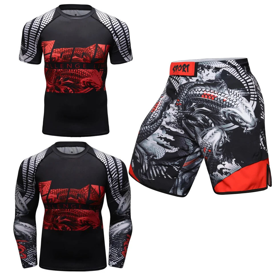 Conjunto de camiseta y pantalones cortos para gimnasio, camiseta y pantalón corto de Muay Thai, traje deportivo de Kickboxing, traje de gimnasio BJJ y Rashguard Jiu Jitsu
