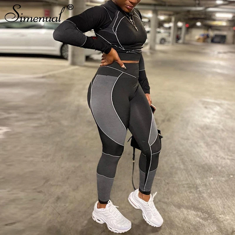 

Simenual Sporty Crop Top And Leggings Co-ord Sets Workout Active Wear Long Sleeve Fitness Casual Bodycon Two Piece Outfits 2021