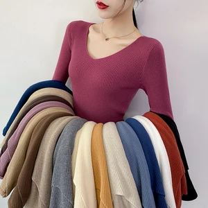 Женский мягкий джемпер с V-образным вырезом, облегающий эластичный трикотажный пуловер с длинным рукавом, Базовая Трикотажная одежда, весна-осень 2020