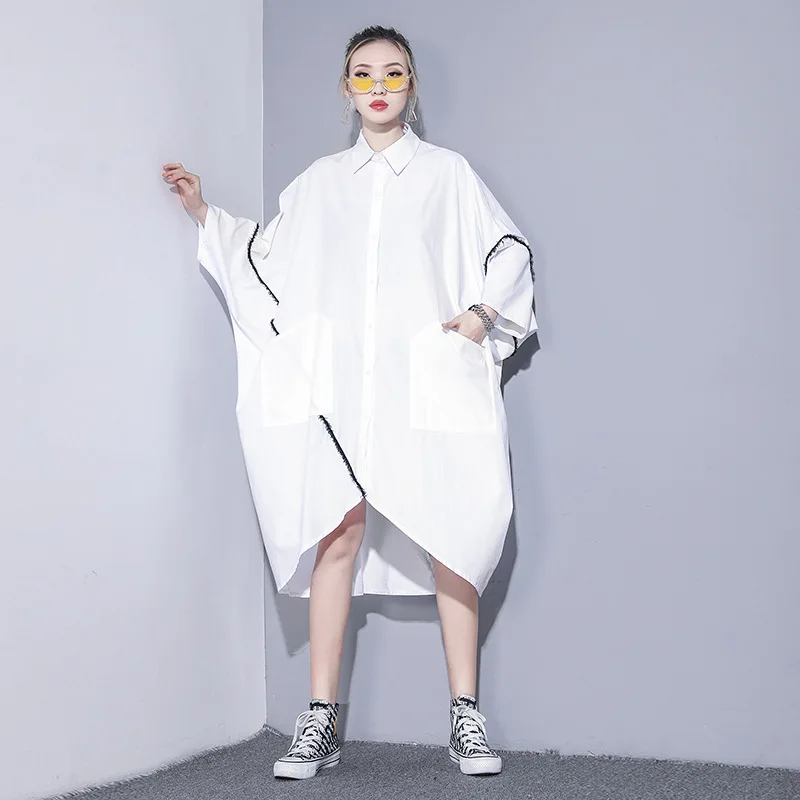 

Feminine Long Blouses Plus Size Korean Women White Shirt Dress 3/4 Sleeve with Big Pockets Ovesized Ladies Spring Autumn Tops