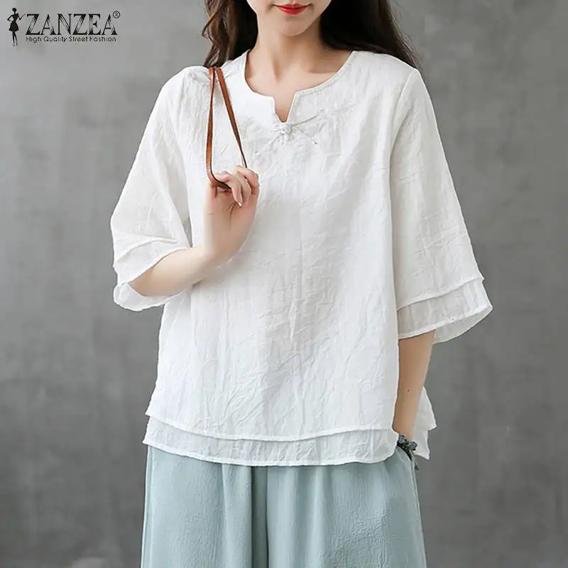 

Летняя винтажная женская блузка 2021 ZANZEA Весенняя двухслойная 3/4 рукав Свободные топы в стиле кэжуал однотонная хлопковая льняная с круглым в...