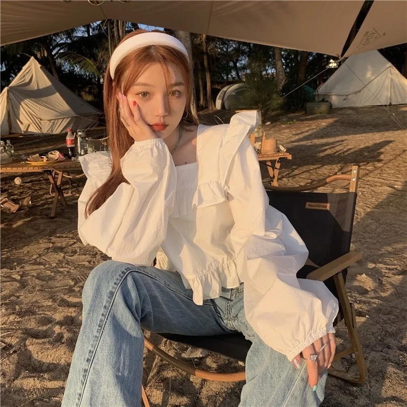 

White Ruffled Long-sleeved Shirt Women's Design Sense Autumn 2021 New French Sweet Collar Top Clothes