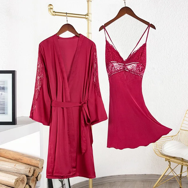 

Satin Sleepwear Intimate Lingerie Silky Nightgown 2PCS Sleep Set Nightdress Women Kimono Bathrobe Gown Lace Nightwear Intimate