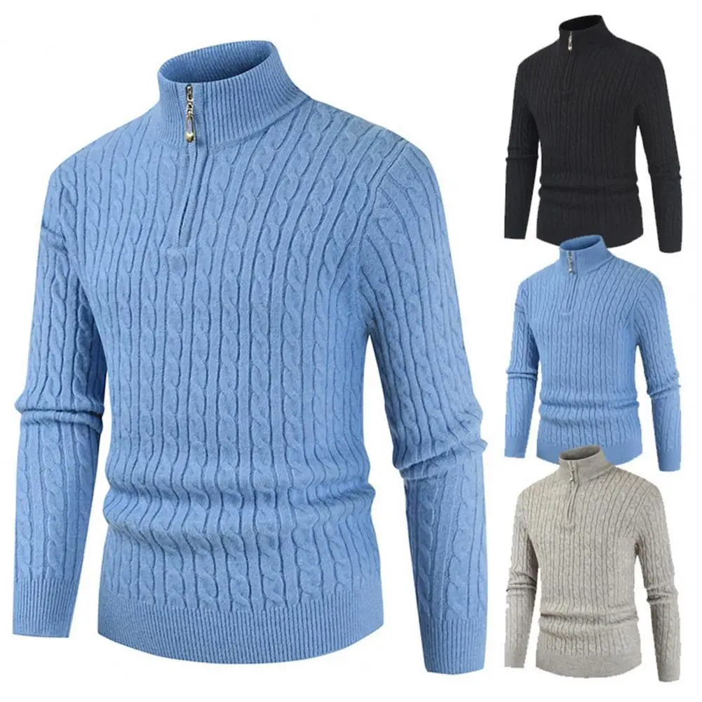 

Solid Color Long Sleeve Knitted Sweater Stand Collar Turtleneck Zipper Neck Keep Warm Men Twist Sweater Pullover Male Clothing