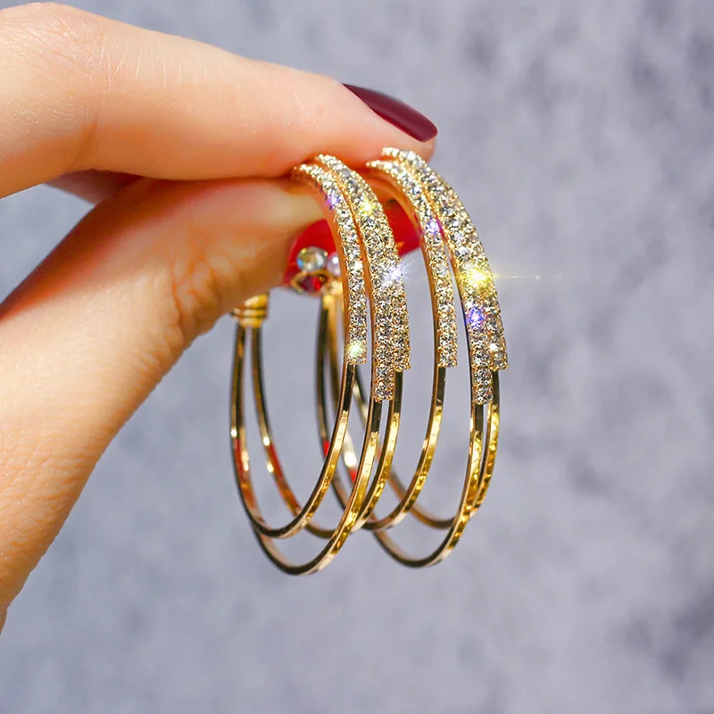 

European and American Rhinestone Multi Layer Circle Earrings Temperament Versatile C-shape Geometric