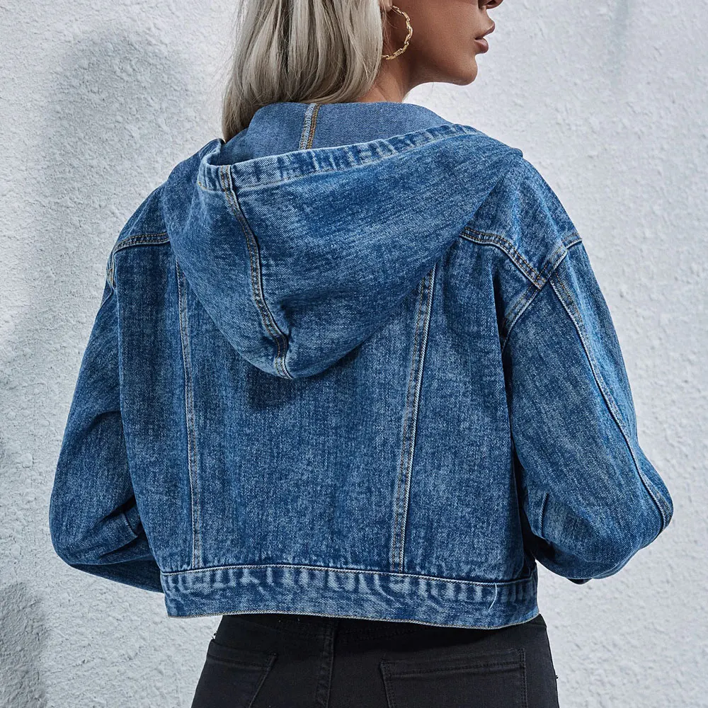 

ZOTTSOZ Fashion Hooded Cropped Denim Jacket Coat Vintage Loose Casual Harajuku Jean Jackets Women Streetwear Outerwear Female