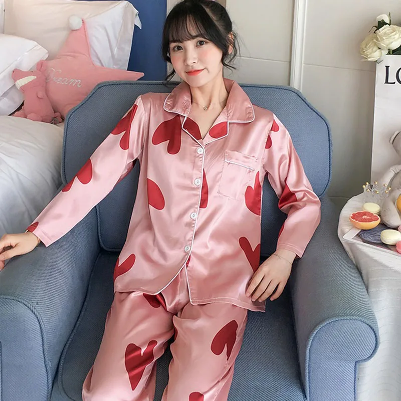 Модная женская одежда для сна из искусственного шелка весенне-осенний комплект с