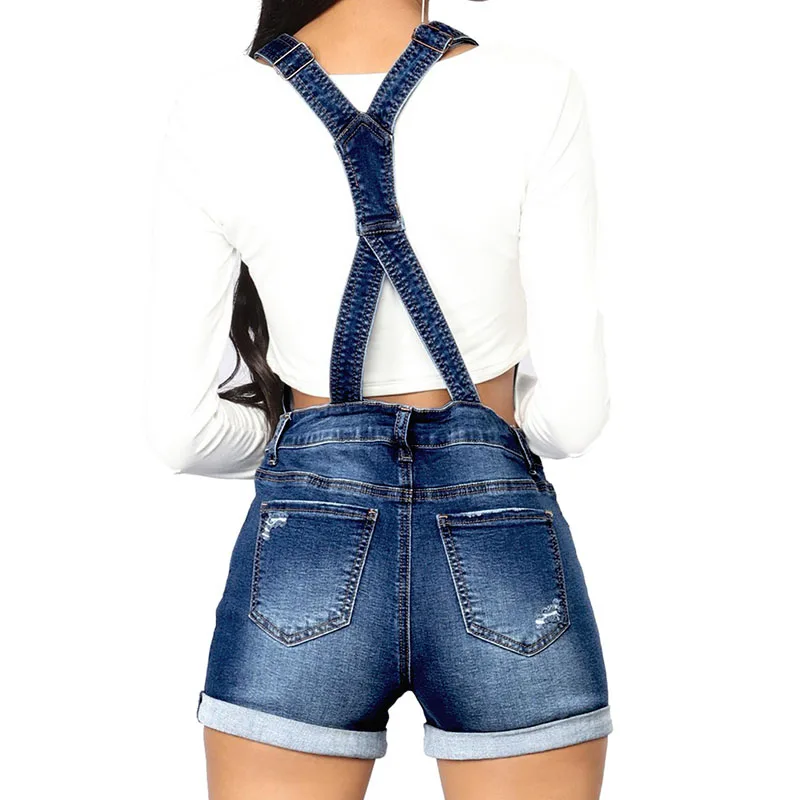 Шорты комбинезон женские джинсовые однотонные с завышенной талией|Комбинезоны c