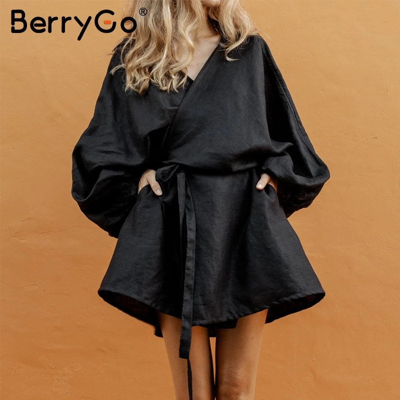 BerryGo японский стиль v-образным вырезом женское Хлопковое платье однотонные ленты