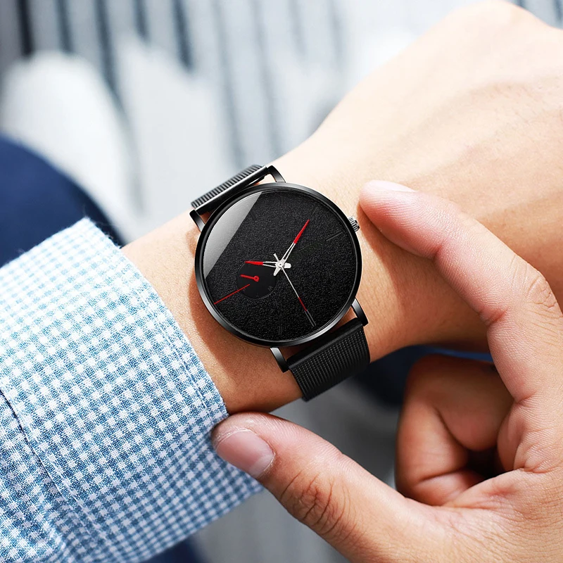 Мужские повседневные тонкие черные наручные часы из сетчатой стали спортивные
