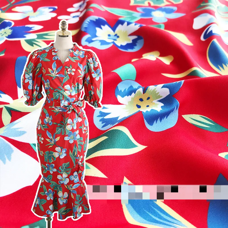 

Spring classic printed fabric European brand red bottom blue flower fashion sewing fabric factory shop not out of stock