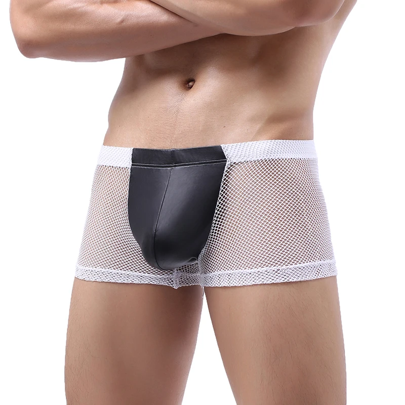 Mens Boxer Shorts Sexy Mesh See Through PU Leather Penis Pouch Underwear Exotic Gay Panties Calzoncillo Hombre Boxershorts XXL | Мужская