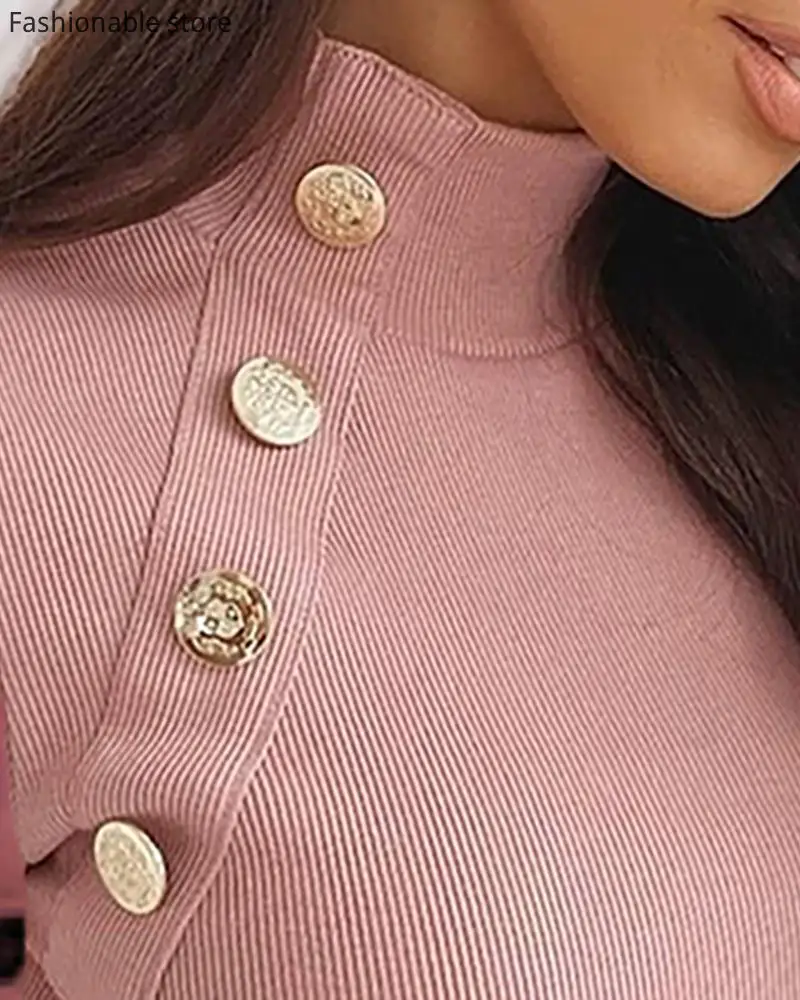 

Women Autumn Winter Turtle Neck Mesh Spliced Polka Dot Puffed Sleeve Buttoned Design Blouse