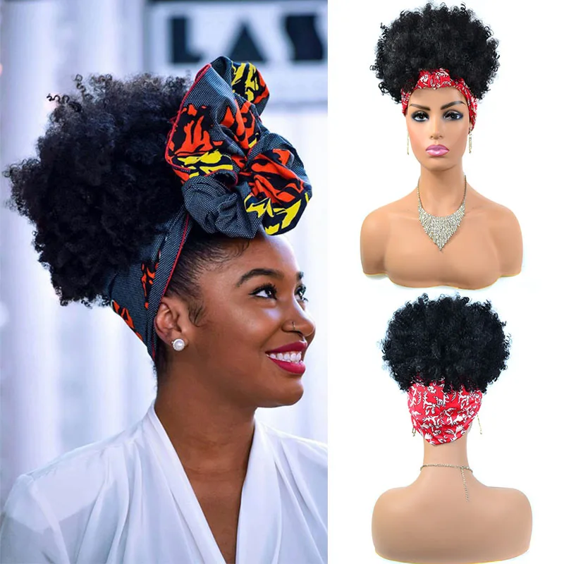 

Fluffy Afro Kinky Curly Headband Wig Synthetic Short Linked Turban Wrap Wig Scarf High Temperature Jerry Curly Cosplay Fake Wig
