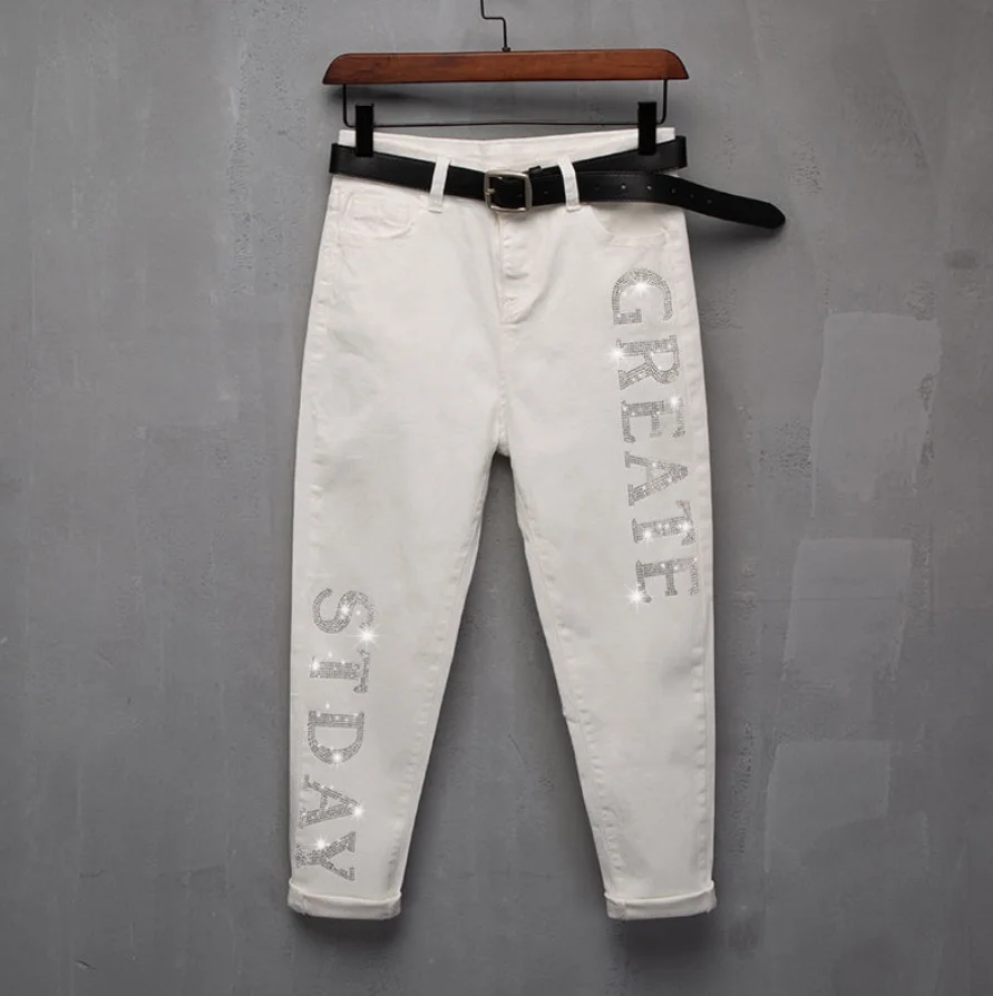 

Jeans women's white spring and autumn 2021 new slim loose elastic leg Harem Pants high waist embroidered radish pants